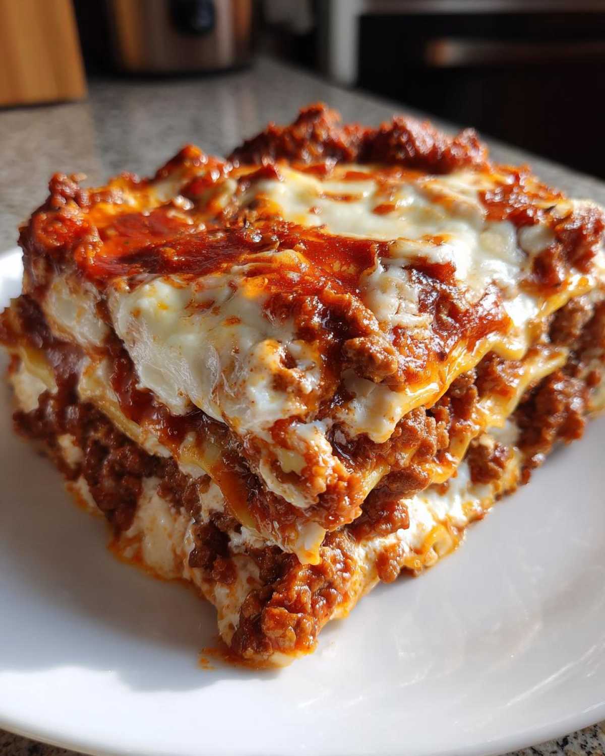 A thick, layered slice of Lasagna with Cottage Cheese, topped with rich meat sauce and melted cheese.