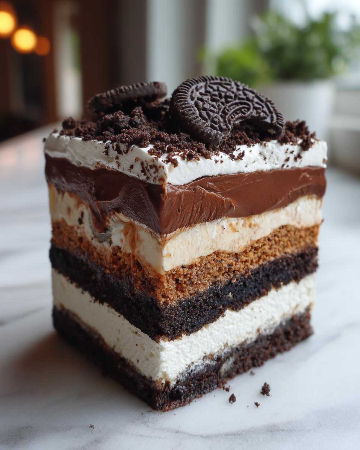 A tall, square slice of Oreo dirt cake showing distinct layers of cream, pudding, and crushed cookies.