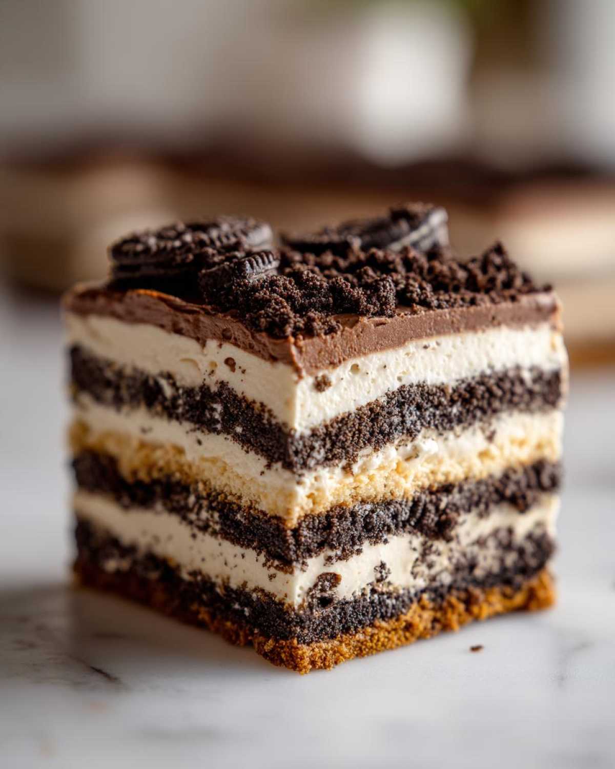 Close-up of a layered square slice of Oreo dirt cake showing alternating dark cookie layers and white cream filling, topped with chocolate.
