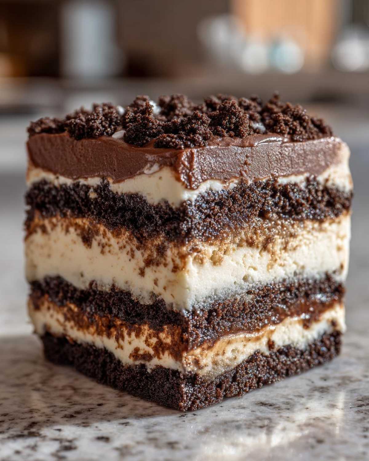 A perfect square slice of layered Oreo dirt cake showing dark chocolate cake, creamy filling, and crushed cookie topping.