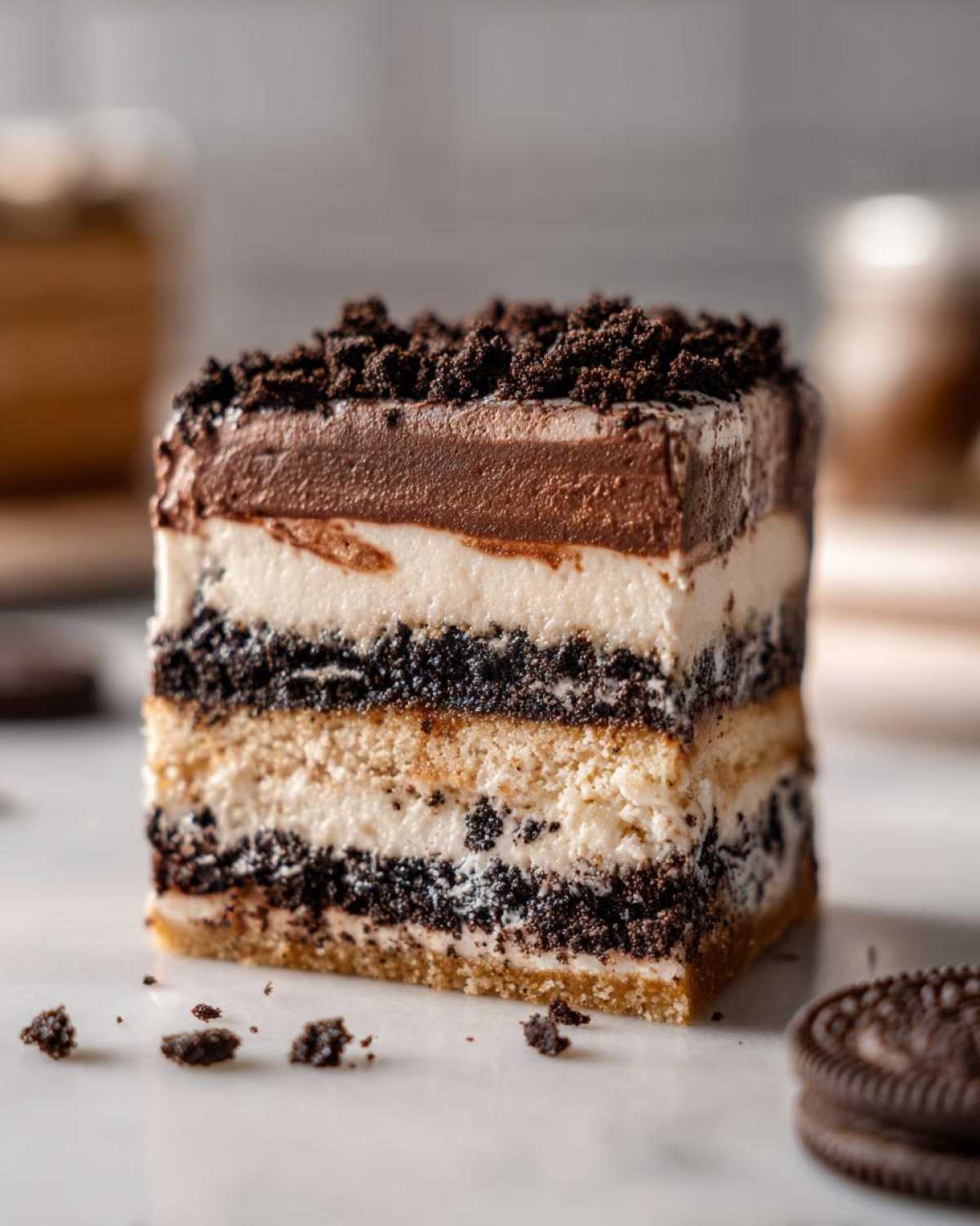 A perfect square slice of layered Oreo dirt cake showing chocolate, cream, and cake layers topped with crushed cookies.