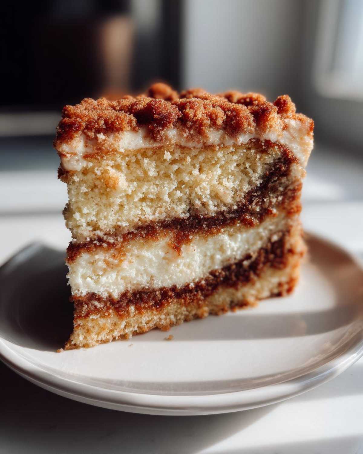 A tall slice of layered sour cream coffee cake featuring cake, cream cheese filling, cinnamon swirl, and crumb topping.