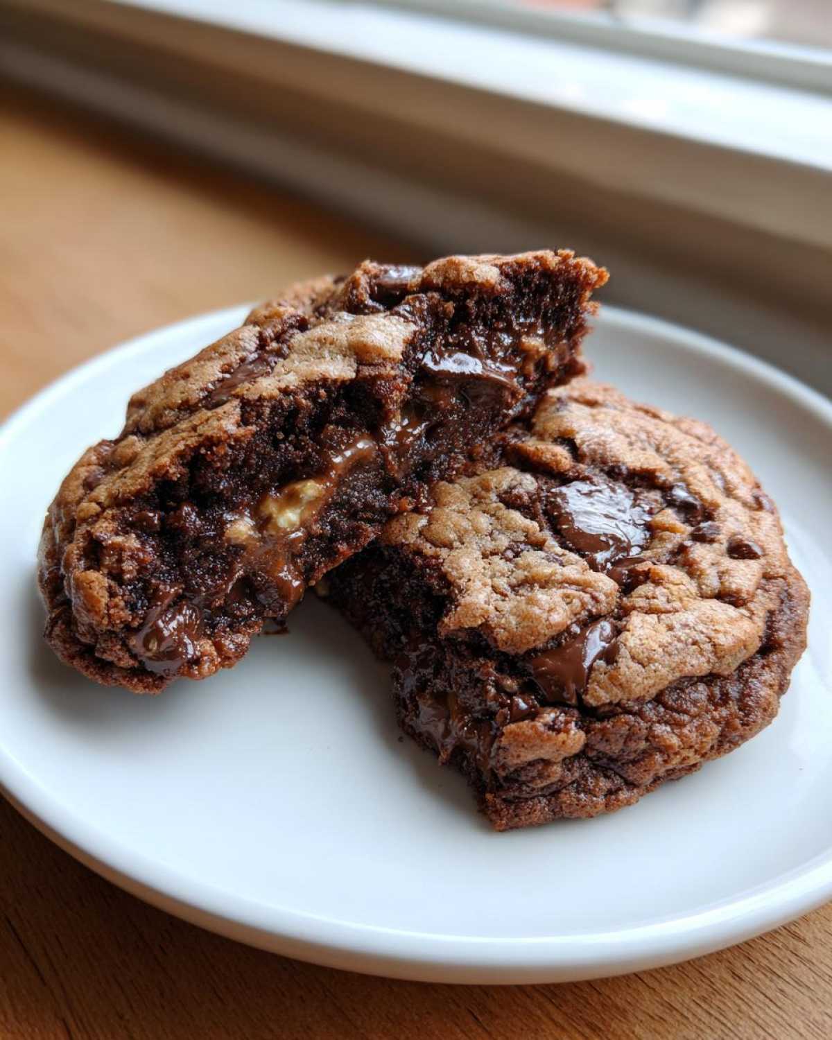 A thick, gooey levain bakery chocolate chip cookie broken in half showing melted chocolate chips inside.