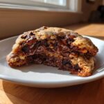 Close-up of a levain bakery chocolate chip cookie cut in half showing melted, gooey chocolate center.