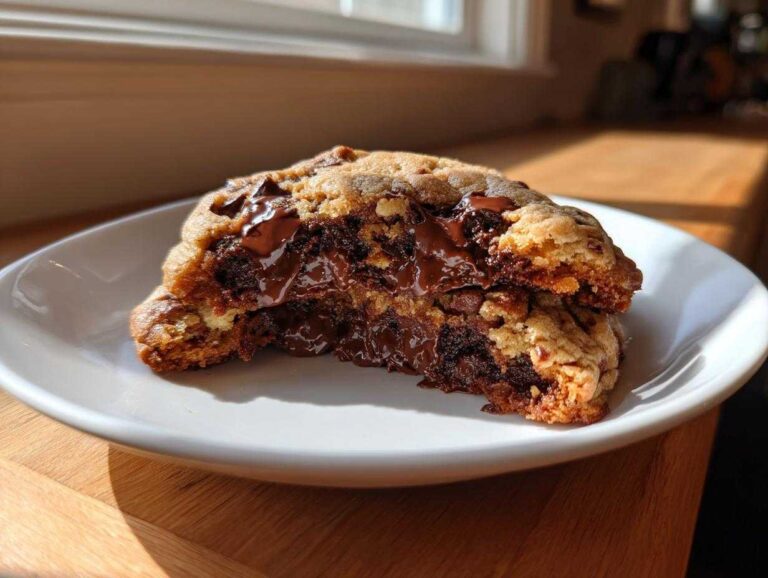 Close-up of a levain bakery chocolate chip cookie cut in half showing melted, gooey chocolate center.