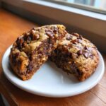 A thick levain bakery chocolate chip cookie cut in half showing a gooey, chocolatey interior and melted chocolate chips.
