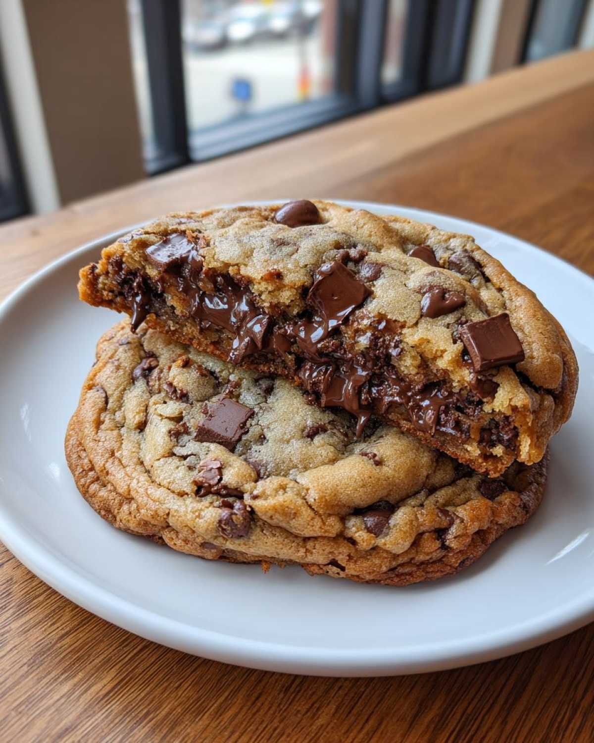 Two thick levain bakery chocolate chip cookies stacked, with the top one broken open revealing a melted, gooey chocolate center.
