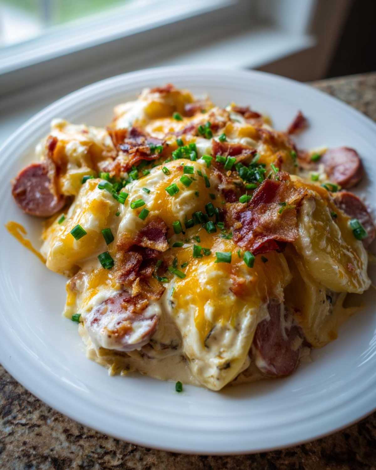 A serving of creamy pierogi casserole topped with melted cheese, bacon, sausage slices, and chives.