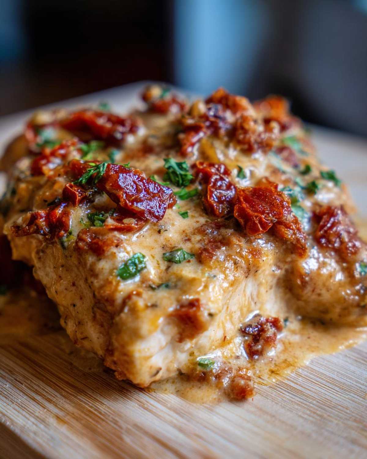 Close-up of a piece of Marry Me Chicken smothered in creamy sauce and topped with sun-dried tomatoes and herbs.