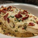 A close-up of a juicy chicken breast smothered in creamy sauce with sun-dried tomatoes, part of the Marry Me Chicken recipe.