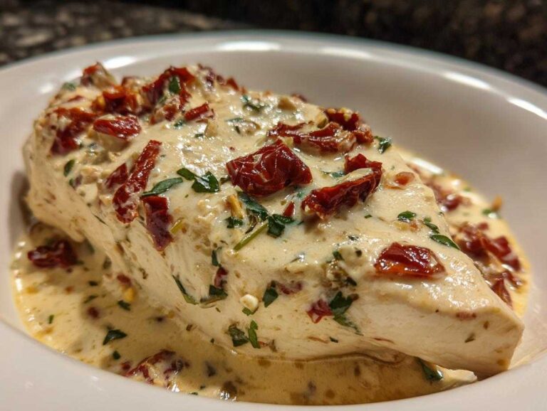 A close-up of a juicy chicken breast smothered in creamy sauce with sun-dried tomatoes, part of the Marry Me Chicken recipe.