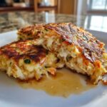 Close-up of flaky, pan-seared Maryland crab cakes, one cut open to show lump crab meat.
