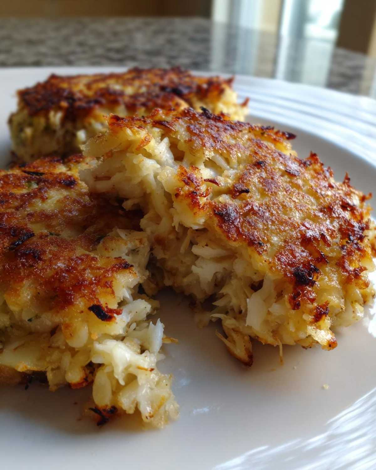 Close-up of a perfectly browned Maryland crab cake broken open to show the flaky white crab meat inside.