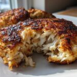Close-up of a perfectly seared Maryland crab cake, showing the flaky white crab meat inside.