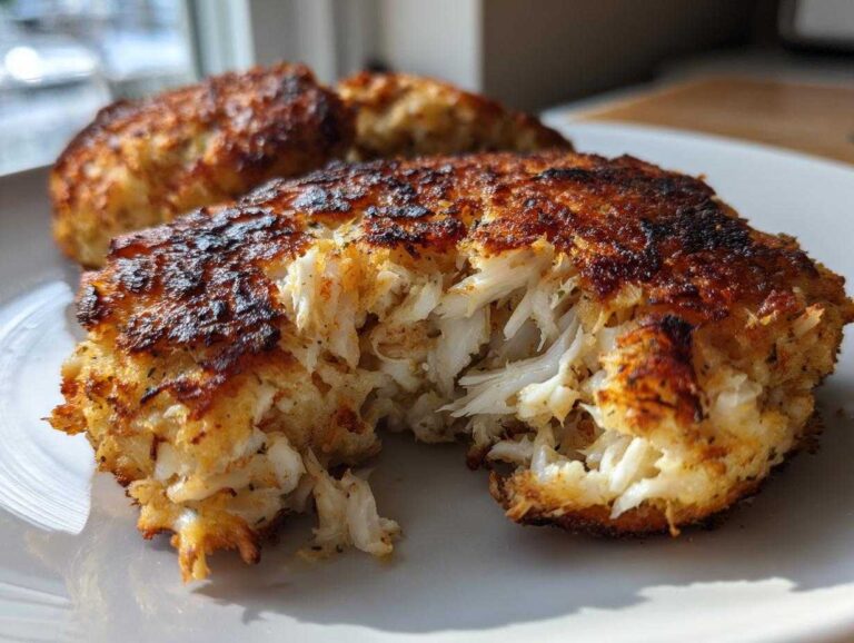 Close-up of a perfectly seared Maryland crab cake, showing the flaky white crab meat inside.