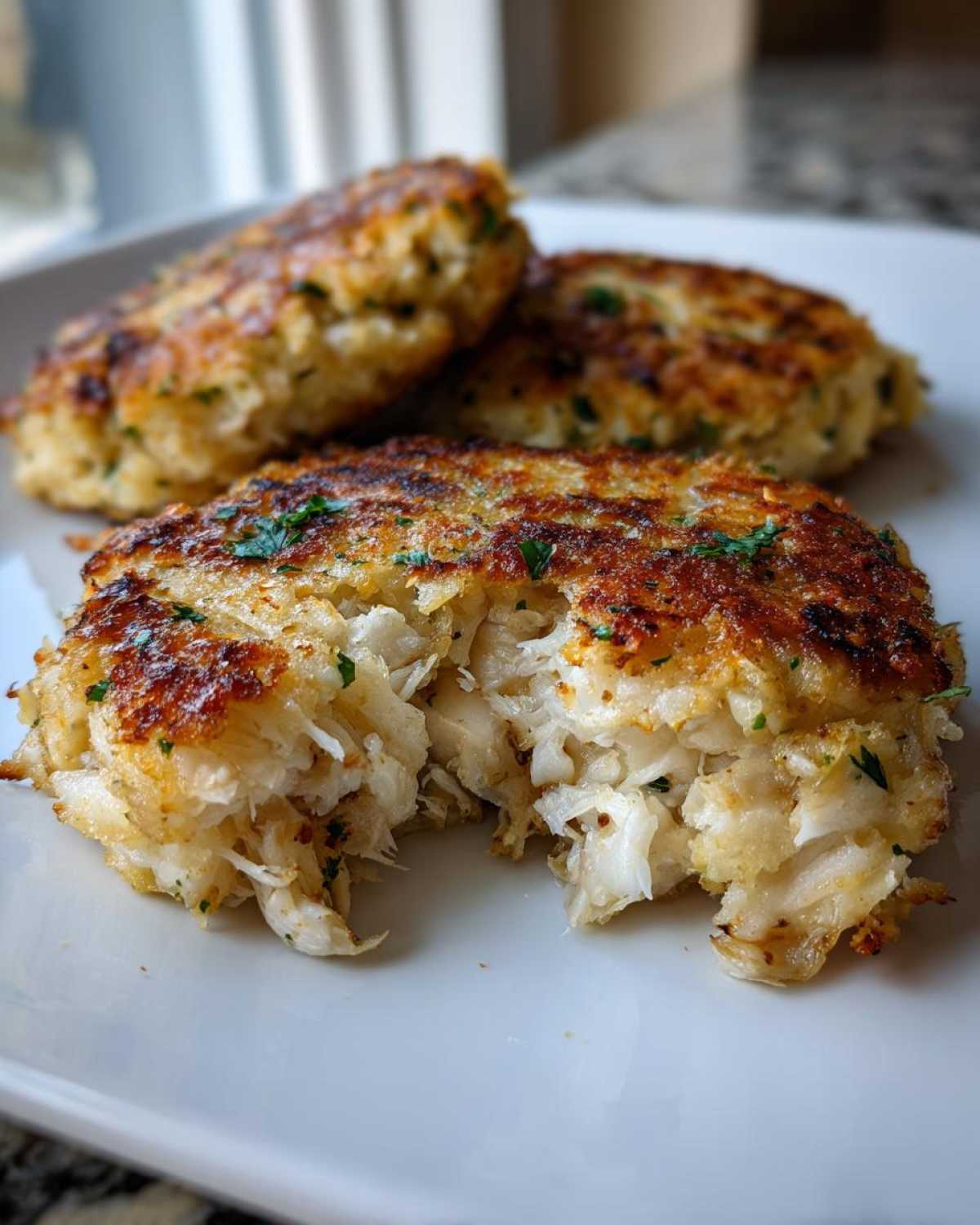 Close-up of a perfectly seared Maryland crab cake broken open to show the large chunks of white crab meat inside.