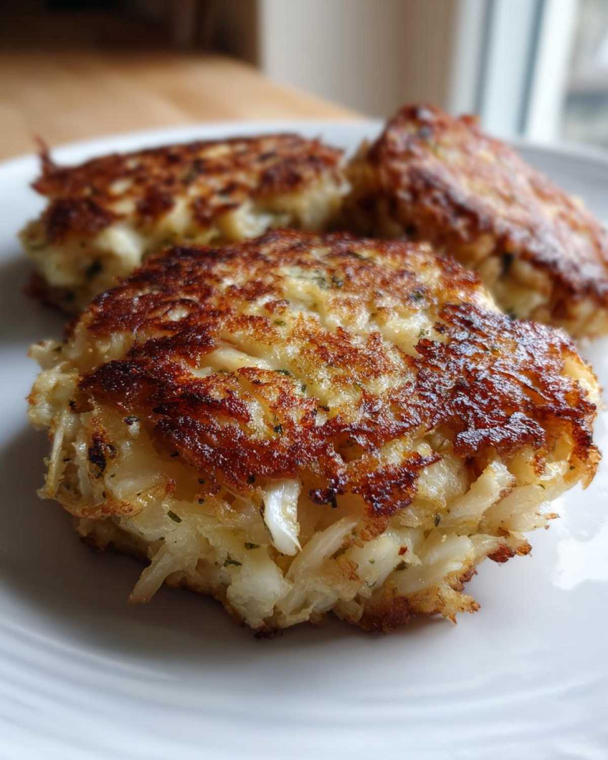 Close-up of three pan-seared Maryland crab cakes showing flaky white crab meat and a golden-brown crust.