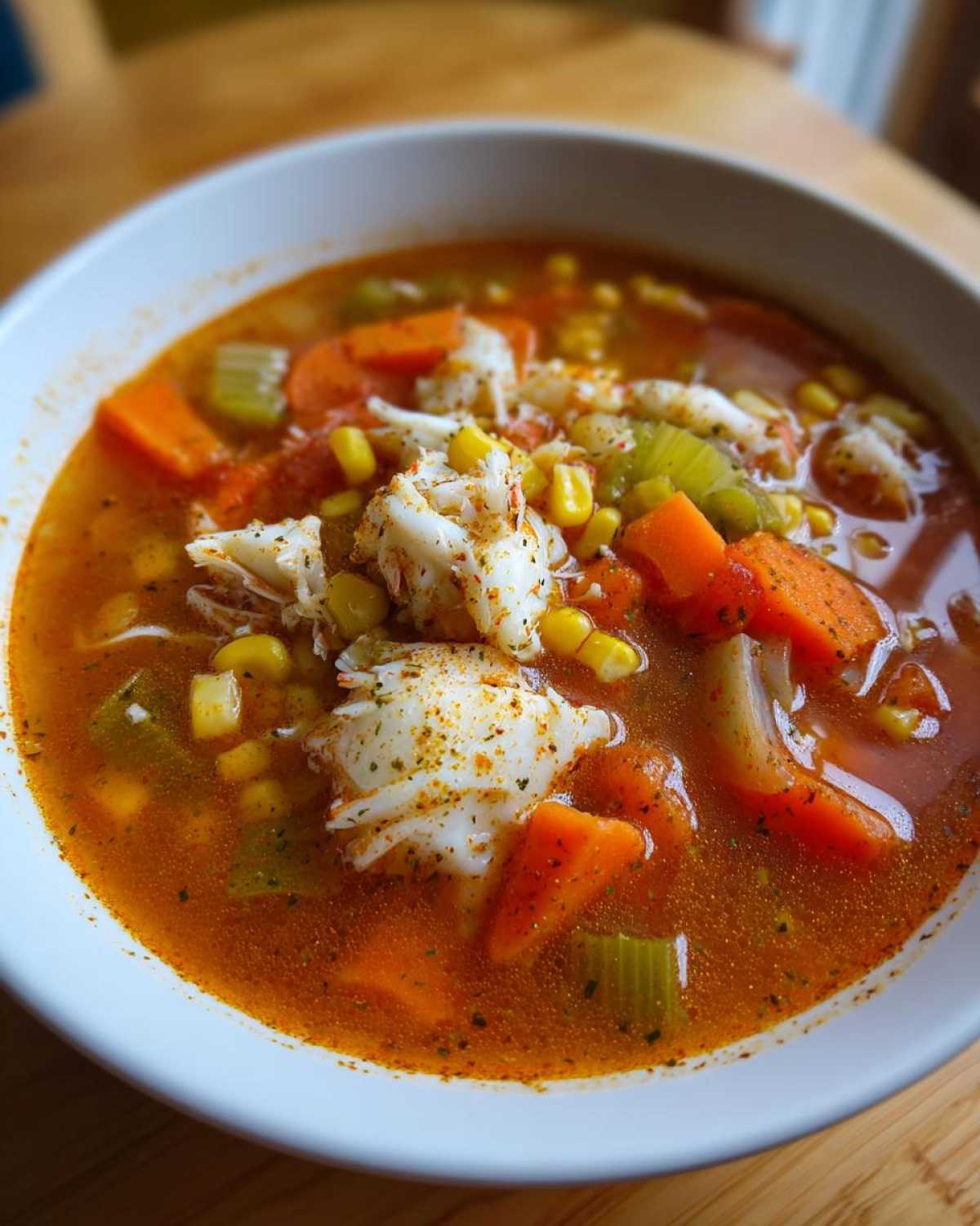 Close-up of a bowl of rich, tomato-based maryland crab soup topped with large chunks of white crab meat, corn, and carrots.