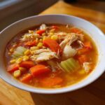 Close-up of a bowl filled with rich, orange broth containing shredded chicken, carrots, celery, and corn, resembling maryland crab soup.