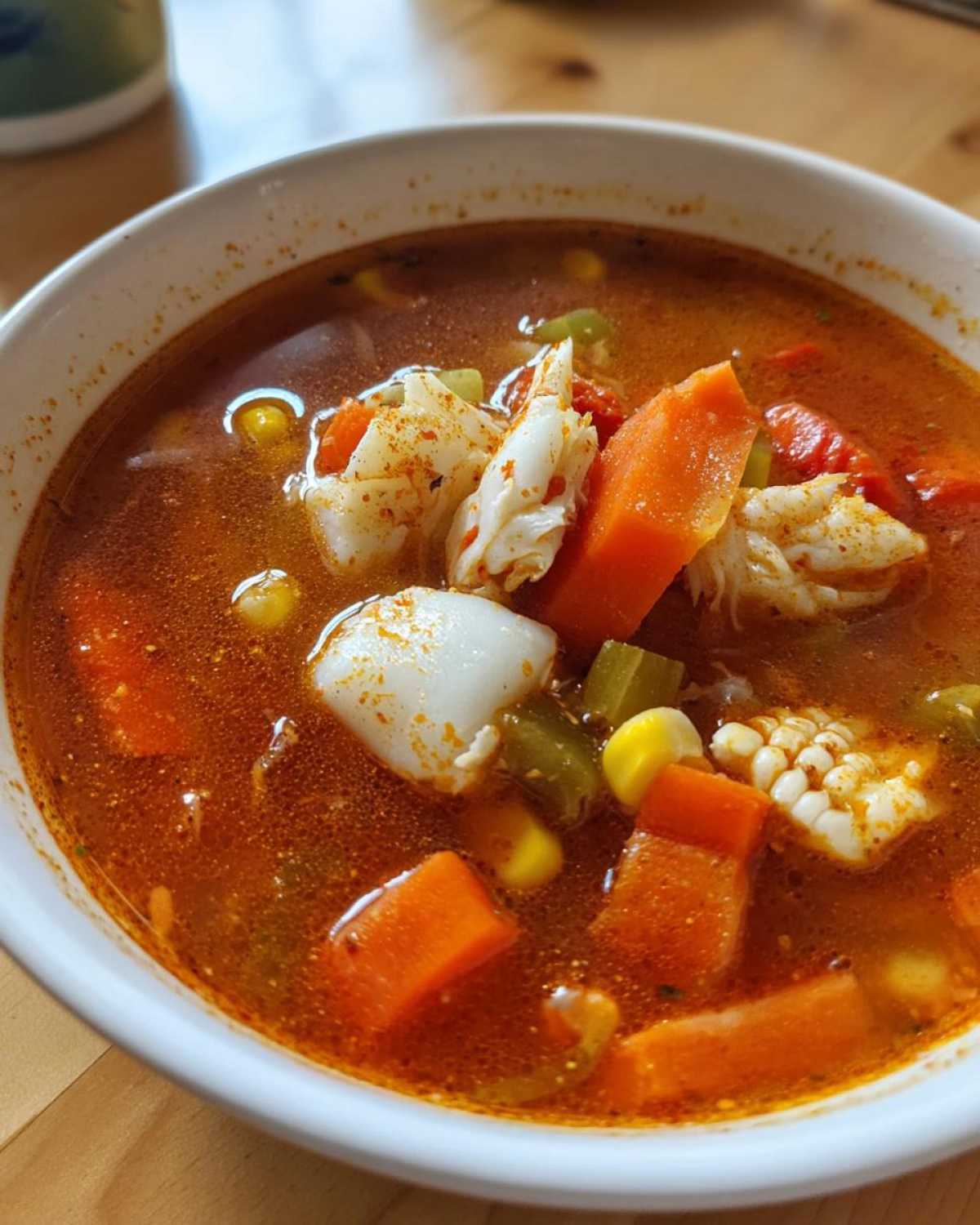 Close-up view of a bowl of rich, reddish-orange maryland crab soup filled with chunks of white crab meat, carrots, celery, and corn.