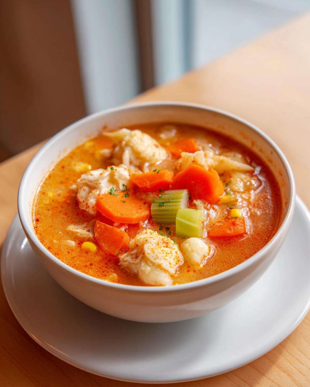 Close-up of a white bowl filled with rich, orange maryland crab soup, featuring large chunks of crab meat, carrots, and celery.