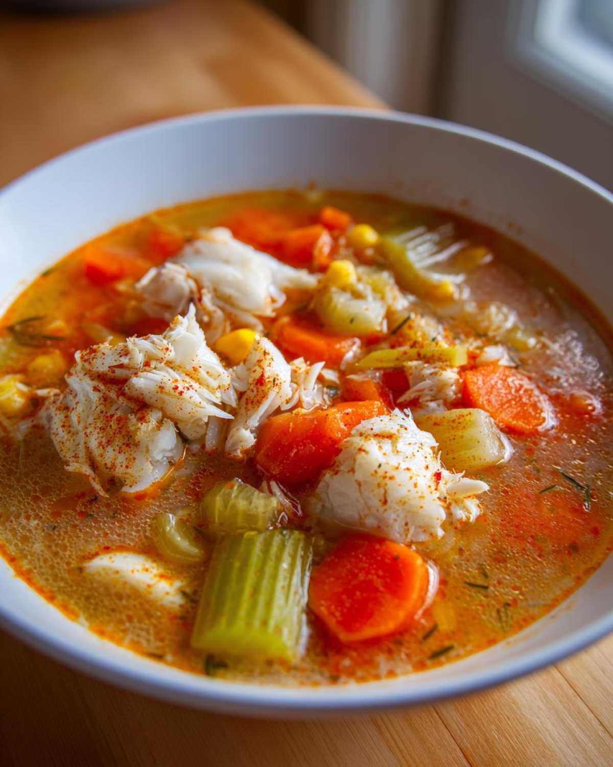 Close-up of a white bowl filled with rich, orange broth maryland crab soup, topped with large chunks of white lump crab meat and vegetables.