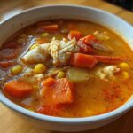 Close-up of a white bowl filled with rich, orange Maryland crab soup featuring large chunks of carrot, corn, and visible crab meat.