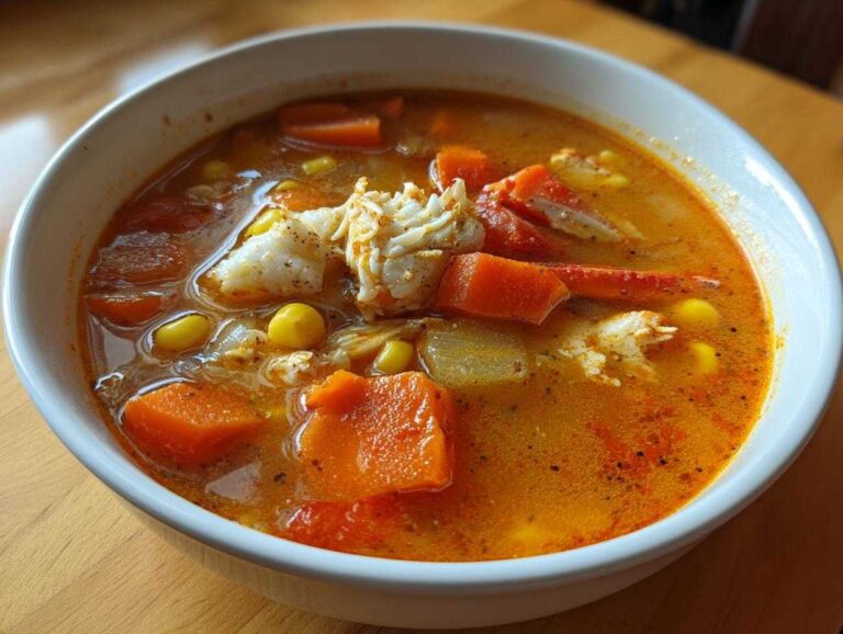 Close-up of a white bowl filled with rich, orange Maryland crab soup featuring large chunks of carrot, corn, and visible crab meat.