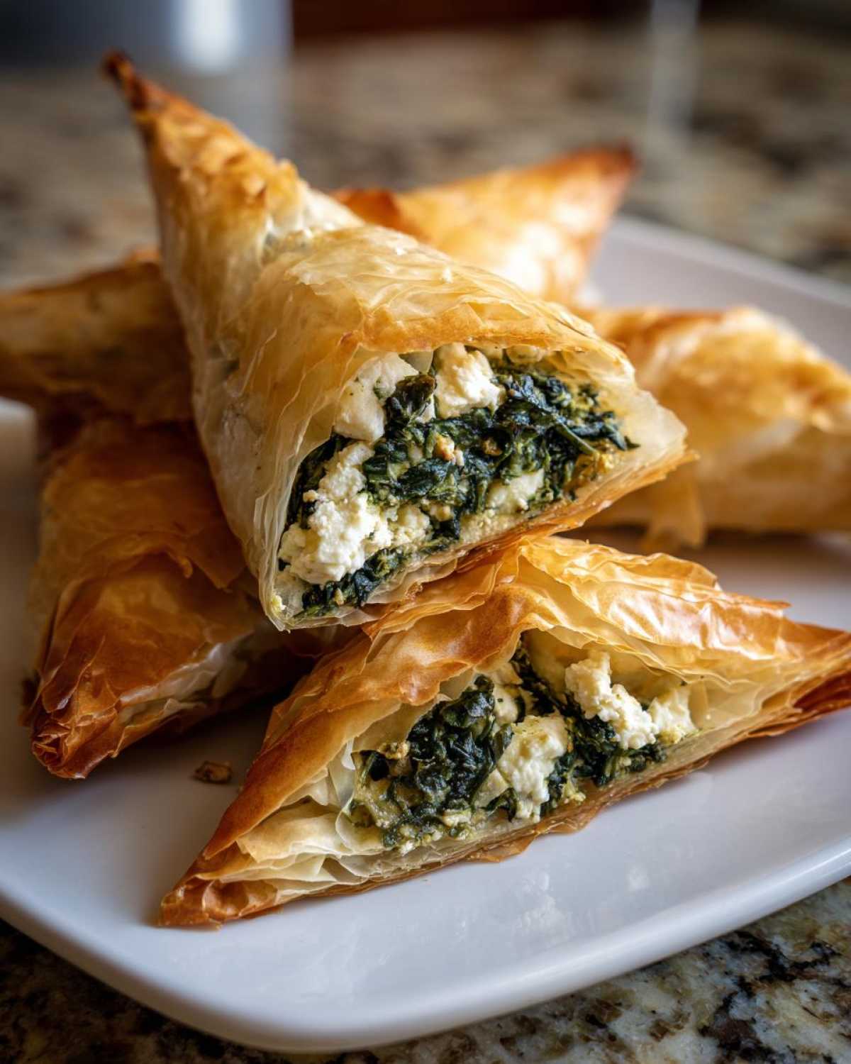 Close-up of flaky, golden-brown Mediterranean Spinach and Feta Cheese Crisps cut open to show the filling.