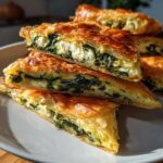 Close-up of stacked slices of Mediterranean Spinach and Feta Cheese Crisps showing flaky phyllo dough and rich filling.