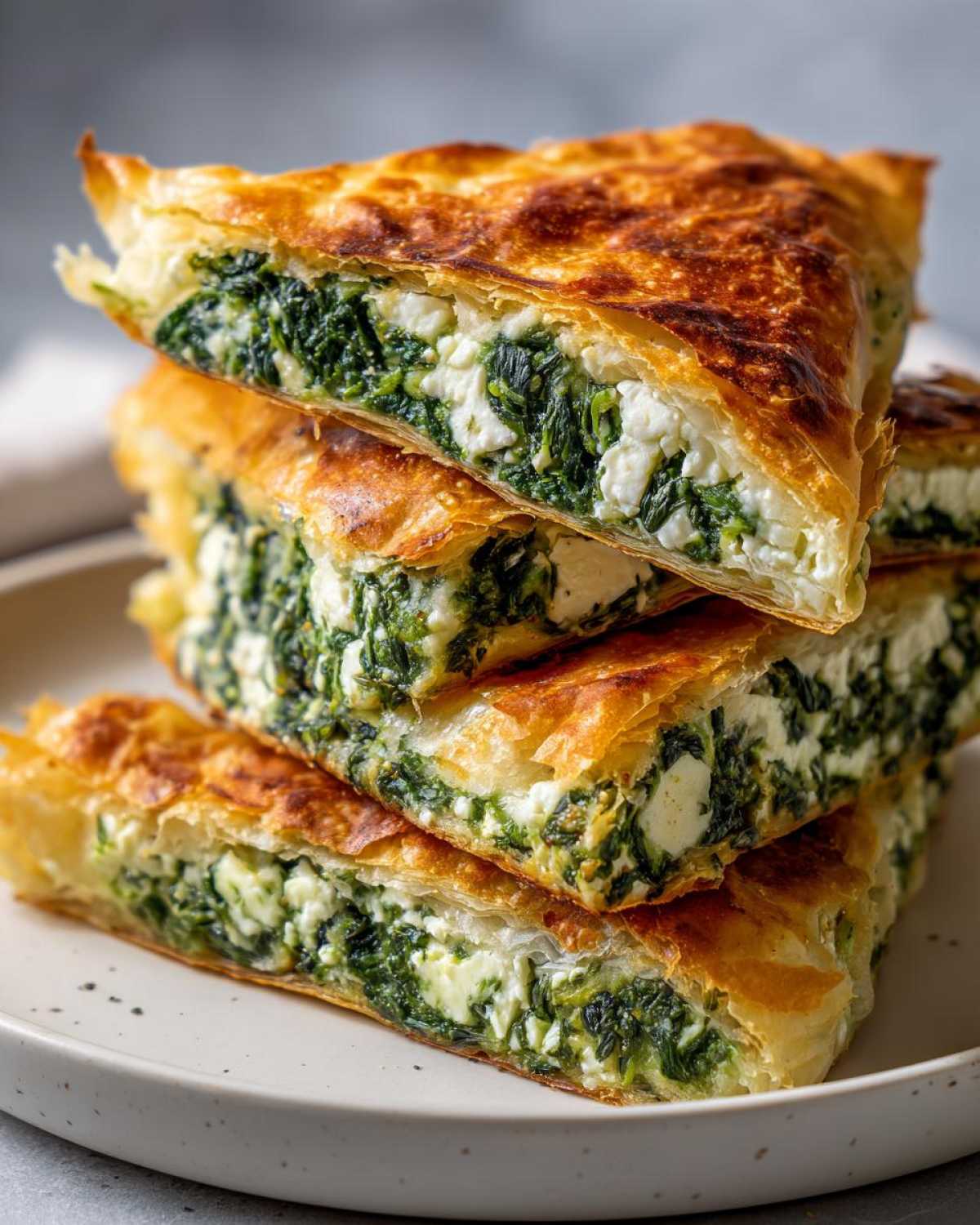 Four stacked, golden-brown slices of Mediterranean Spinach and Feta Cheese Crisps showing flaky phyllo pastry and rich filling.