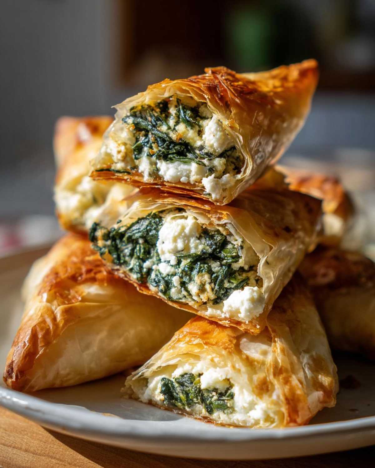 Close-up of stacked Mediterranean Spinach and Feta Cheese Crisps showing flaky phyllo dough and rich filling.