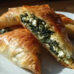 Close-up of flaky, golden Mediterranean Spinach and Feta Cheese Crisps, one cut open showing the filling.