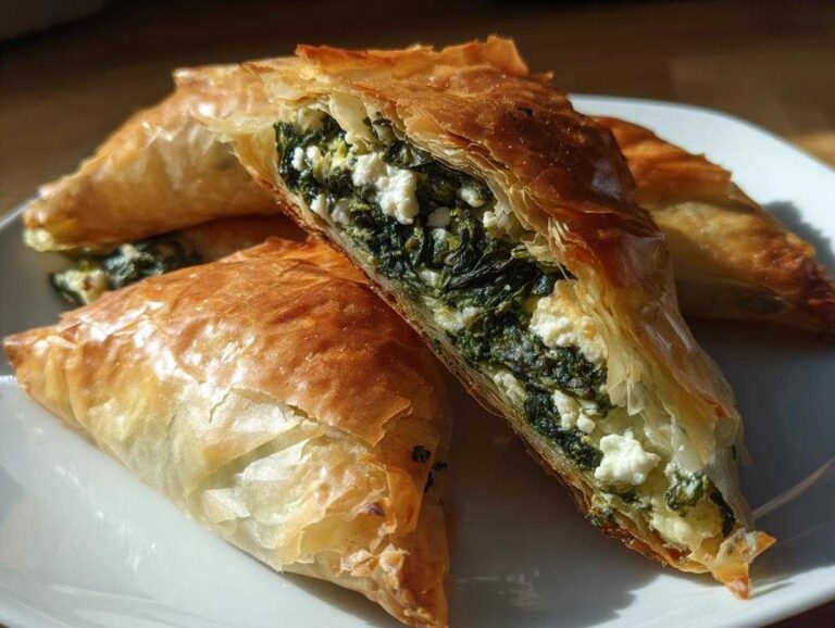 Close-up of flaky, golden Mediterranean Spinach and Feta Cheese Crisps, one cut open showing the filling.