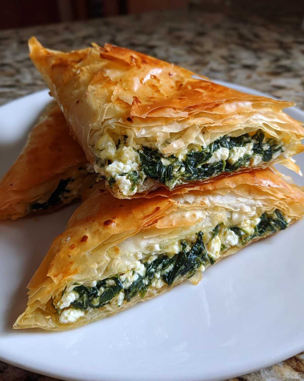 Close-up of two golden, flaky Mediterranean Spinach and Feta Cheese Crisps triangles cut in half, showing the filling.