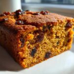 Close-up of a moist, golden slice of applesauce cake studded with dark raisins, sitting on a white plate.