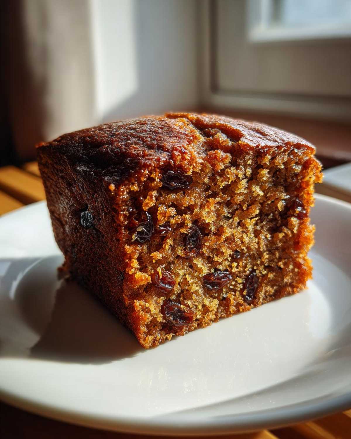 Close-up of a square slice of moist, dark applesauce cake studded with raisins, sitting on a white plate.