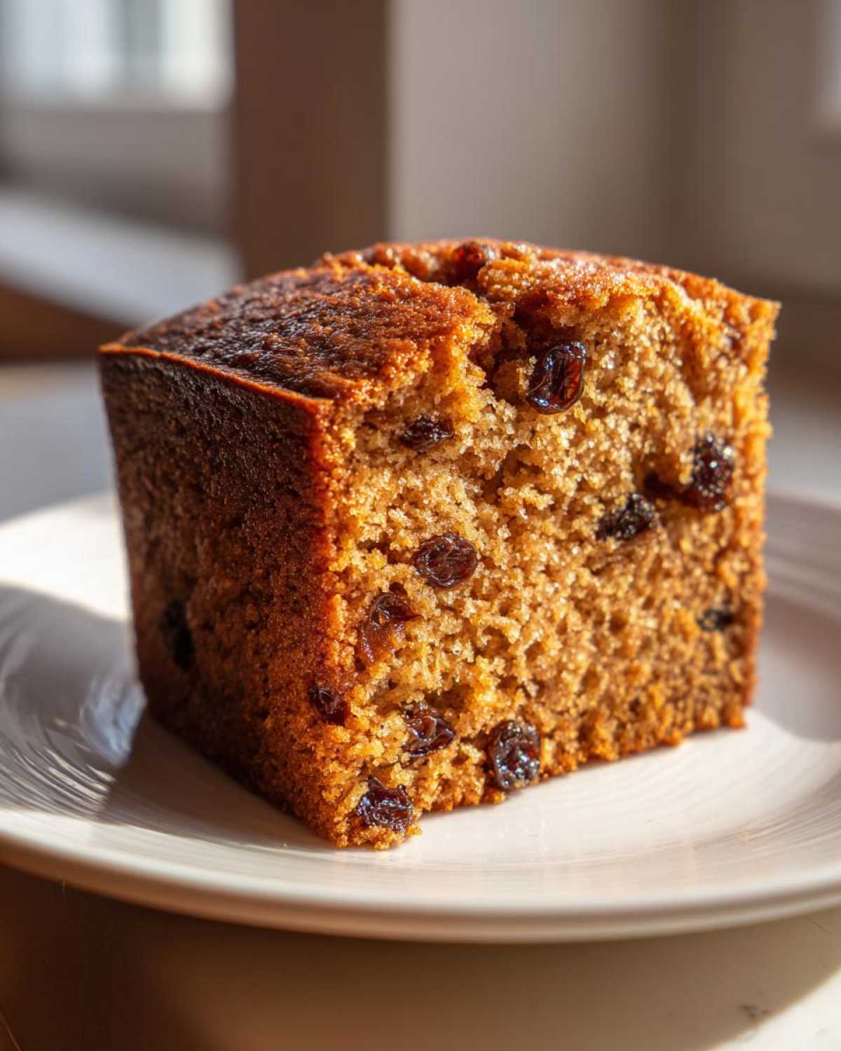 Close-up of a square slice of moist, brown applesauce cake studded with dark raisins, sitting on a white plate.
