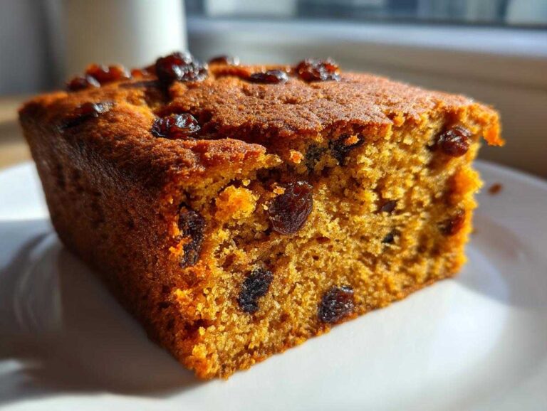 Amazing 1-bowl applesauce cake joy Close-up of a moist, golden slice of applesauce cake studded with dark raisins, sitting on a white plate.