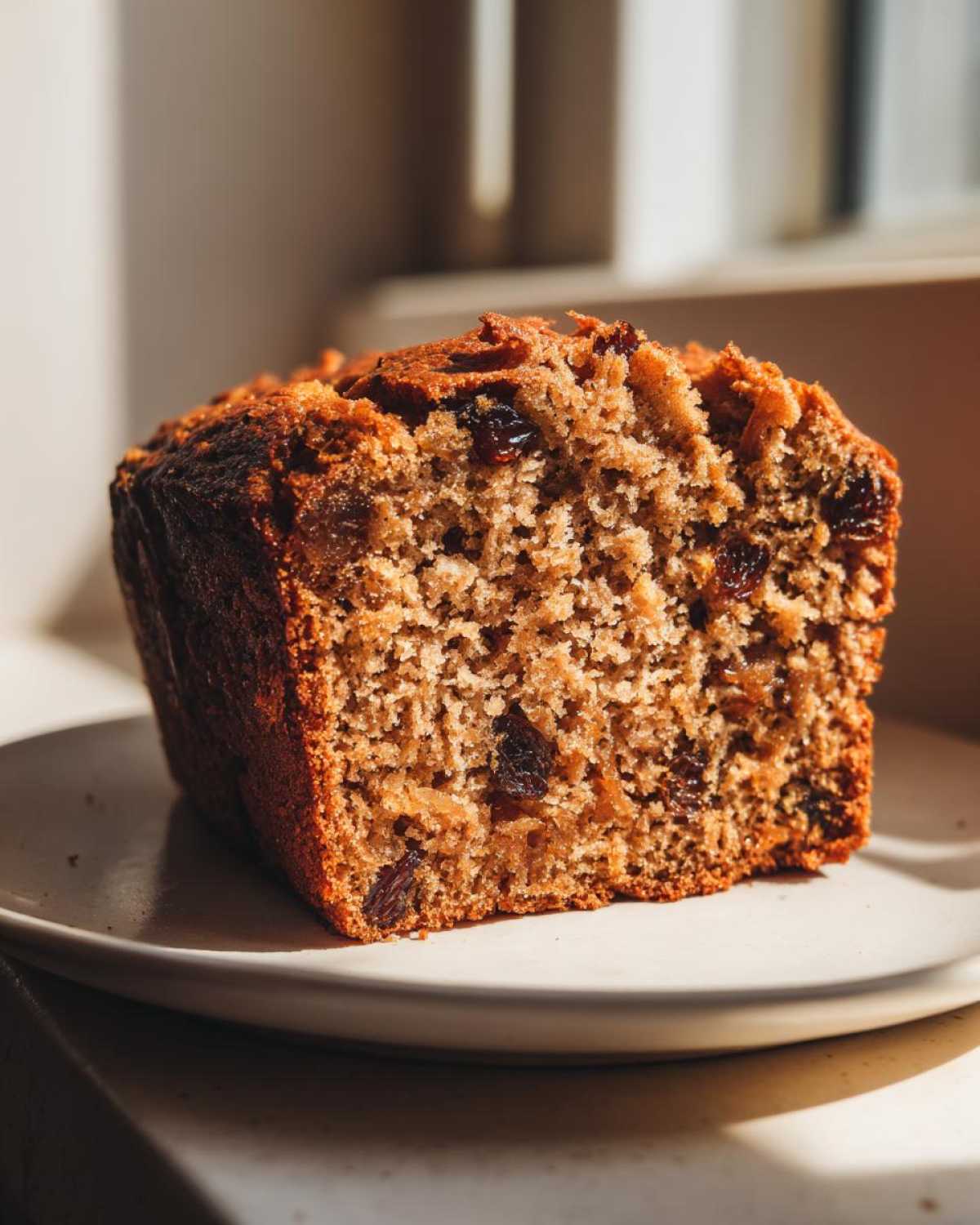 Close-up of a moist slice of applesauce cake studded with raisins, catching warm sunlight.