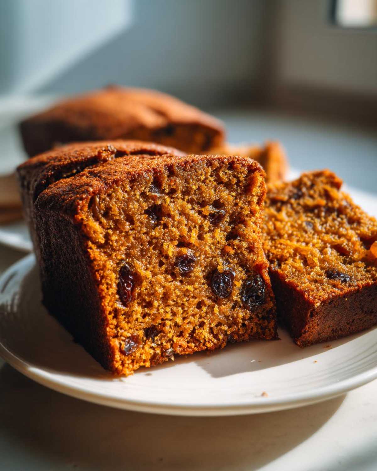 Close-up of moist slices of applesauce cake studded with dark raisins, served on a white plate in bright sunlight.
