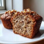 Close-up of a moist banana nut muffin cut in half, showing the crumb texture and walnut topping.