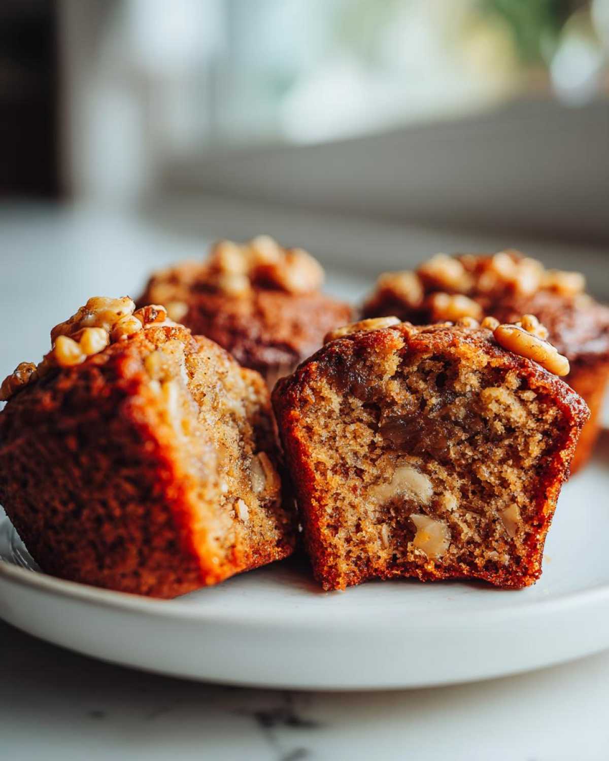 Close-up of moist banana nut muffins, one cut in half revealing nuts and soft interior, topped with walnuts.