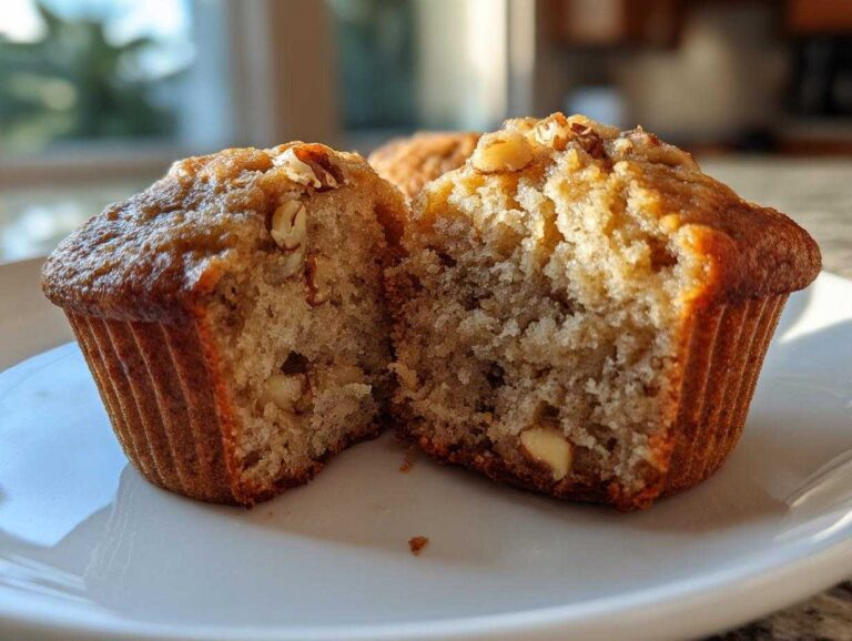 Amazing 12 banana nut muffins Recipe A close-up of a moist banana nut muffin cut in half, showing the fluffy interior and visible nuts.