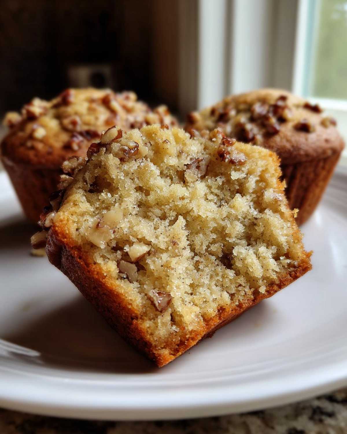 Close-up of a banana nut muffin cut in half showing the moist, crumbly interior filled with nuts, with two whole muffins in the background.
