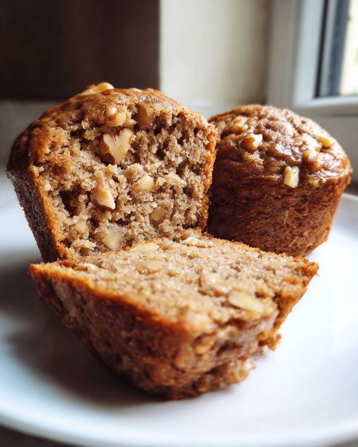 Close-up of a banana nut muffin cut in half showing the moist crumb texture and walnuts inside.