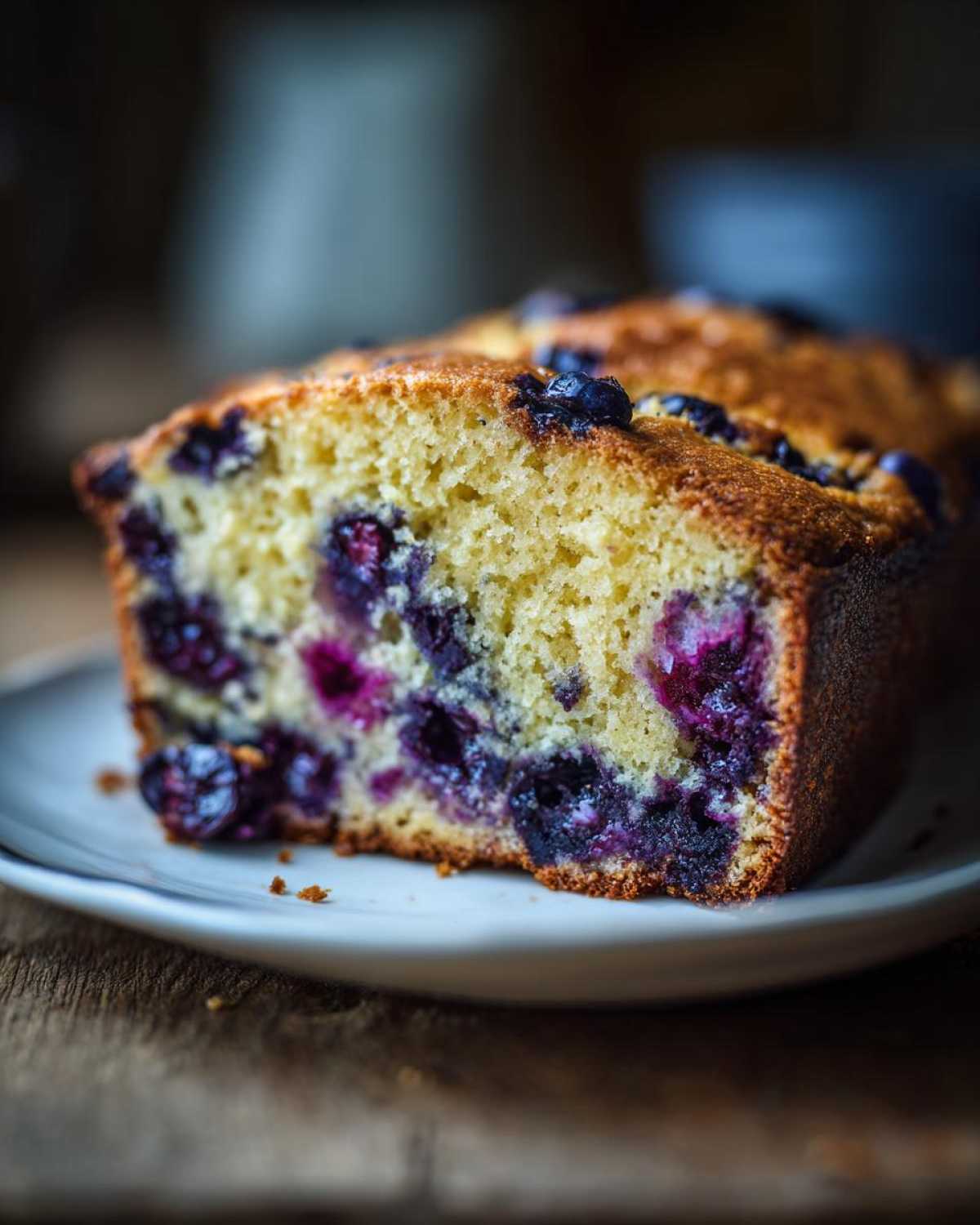 Close-up of a slice of moist blueberry banana bread showing vibrant purple blueberries baked into the golden crumb.