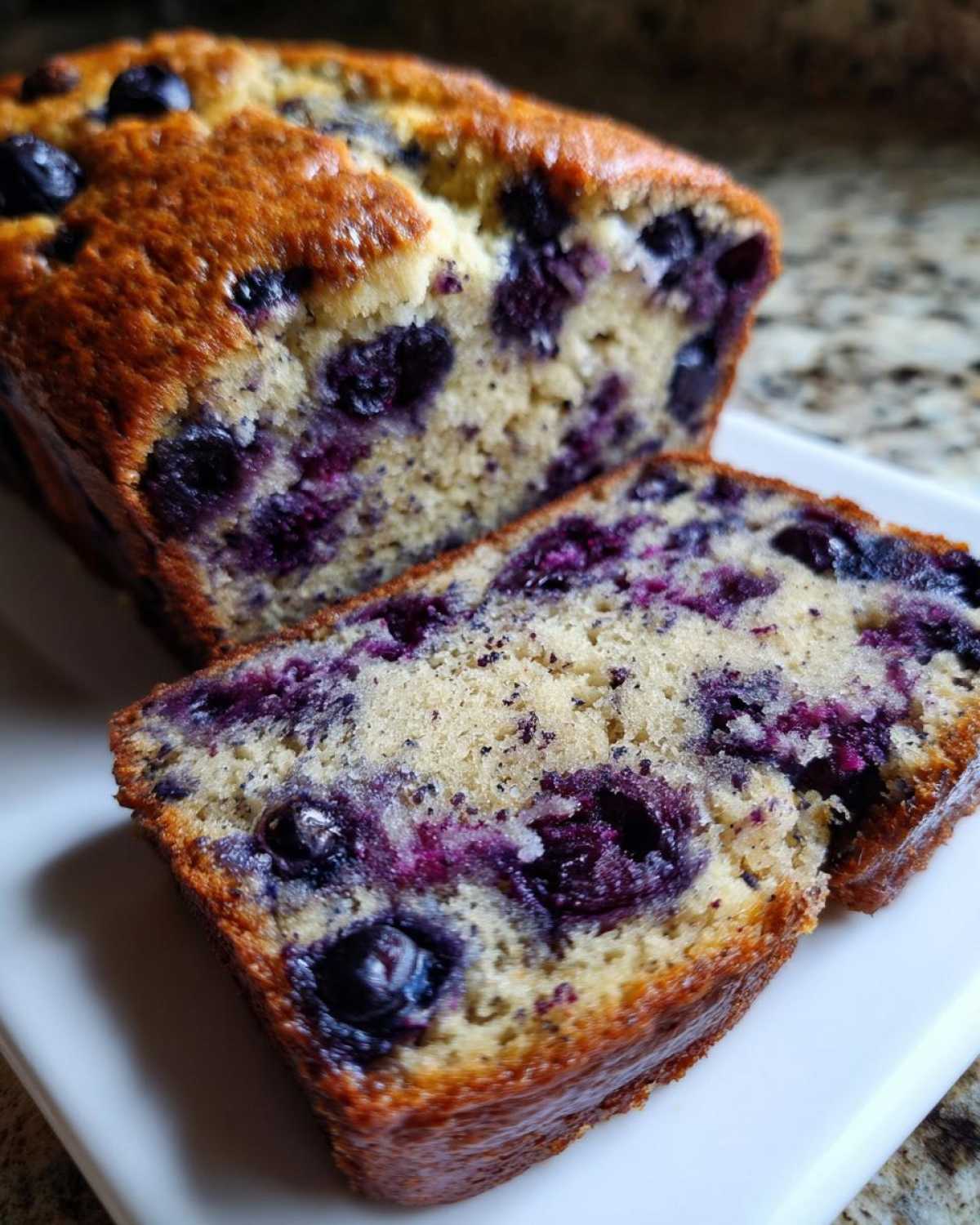 Close-up of thick slices of moist blueberry banana bread showing bursting blueberries and golden crust.