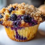 Close-up of a delicious, moist blueberry muffin topped with a sugary crumb streusel.