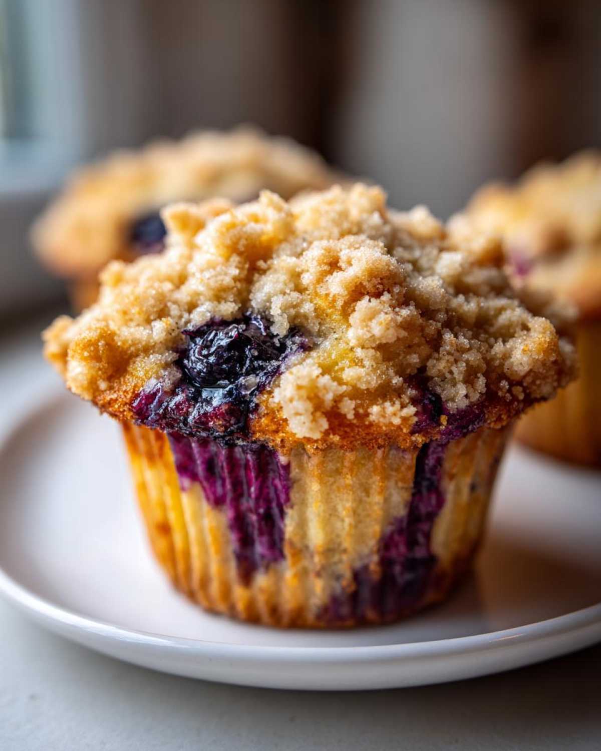 Close-up of a moist blueberry muffin featuring a golden crumb topping and vibrant purple blueberry streaks.